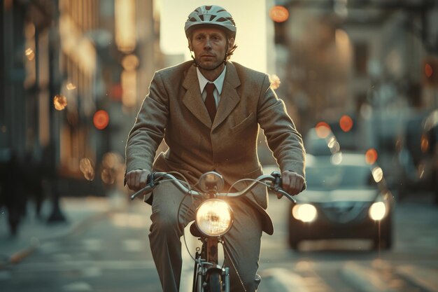 Бизнесмен едет на велосипеде на работу в городском утреннем свете