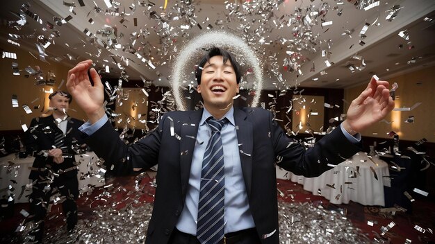 Businessman dancing among falling confetti