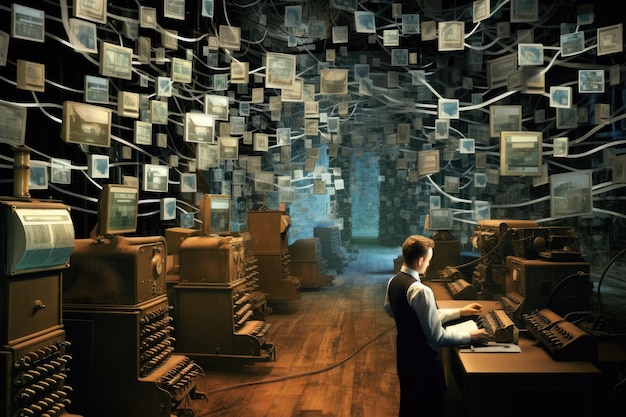 Businessman in a dark office working on a computer Mixed media A dramatic scene of telegrams being dispatched AI Generated