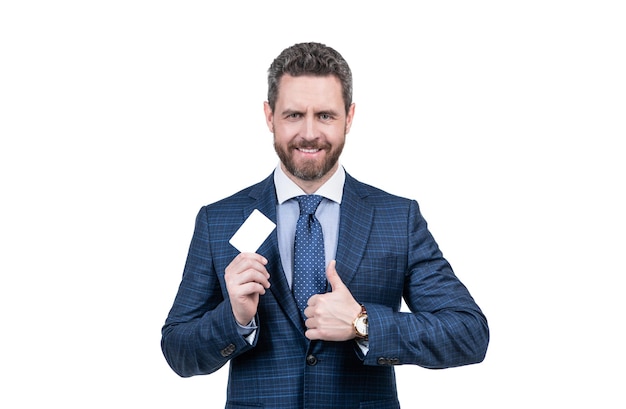 Businessman demonstrating credit or debit card empty plastic business name card successful ceo