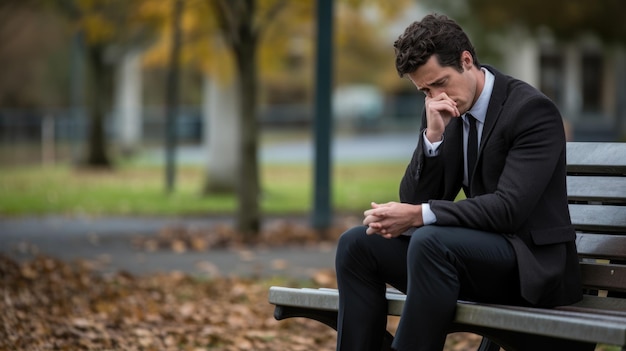 Photo businessman in depression sitting on bench in the park outdoors suffering from overwork stress job loss