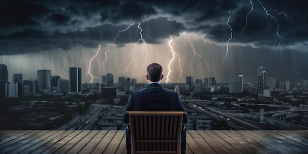 Businessman Determined to Face any Challenge Cityscape Thunder Storm Background Generative Ai