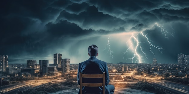 Businessman Determined to Face any Challenge Cityscape Thunder Storm Background Generative Ai