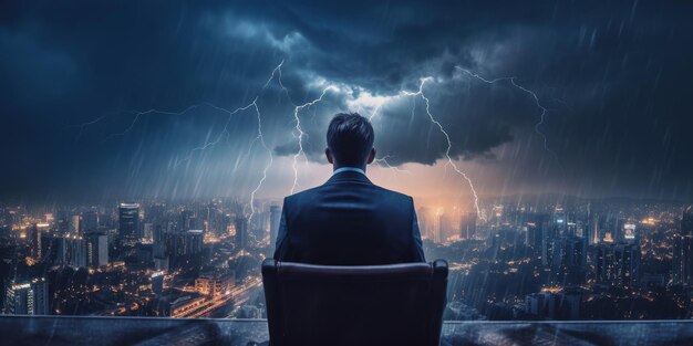 Businessman determined to face any challenge cityscape thunder storm background generative ai