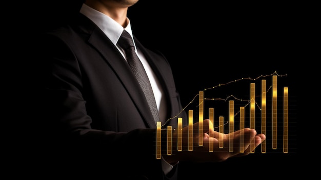 Photo businessman displays a golden stock market bar chart that increases to its goal size using generative ai