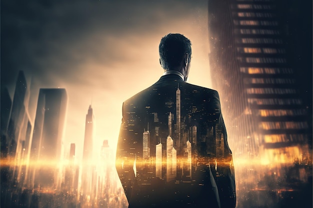 Businessman double exposure with city background