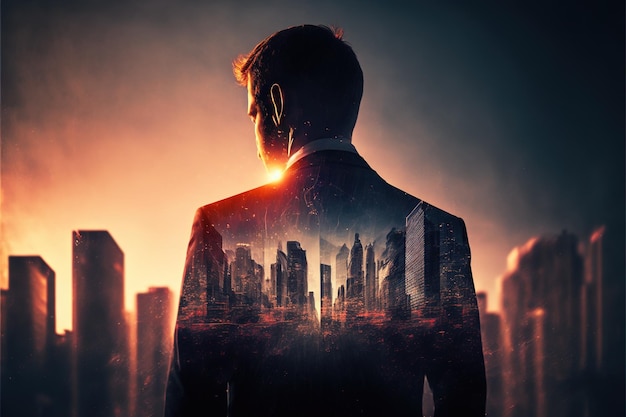 Businessman double exposure with city background