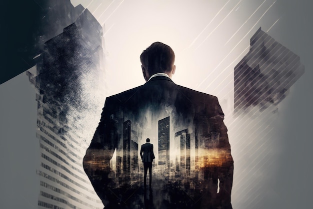 Businessman double exposure with city background