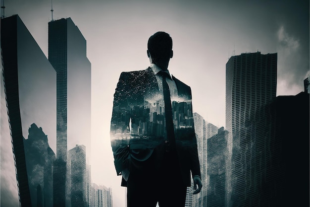 Businessman double exposure with city background