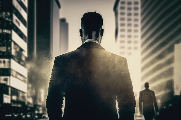 Businessman double exposure with city background