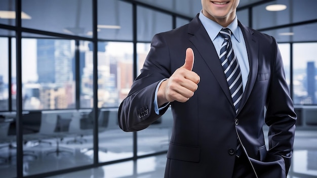 A businessman in dress code makes thumb up