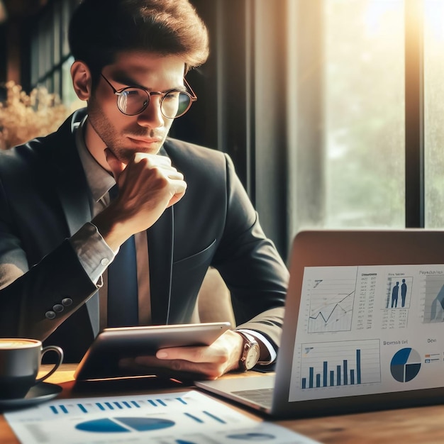 Businessman drinking tea and reading online news in office