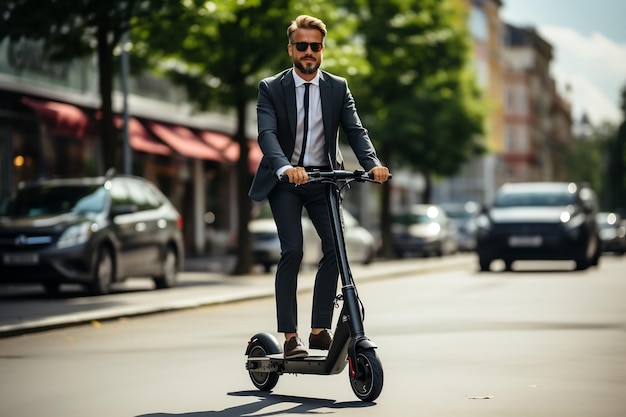 Businessman driving a scooter in the middle of a city street AI