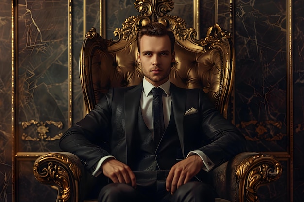 Businessman emanates authority and selfassurance while positioned on a majestic throne Concept Business Success Power Poses Throne of Authority Confidence and Leadership Symbolic Portraits