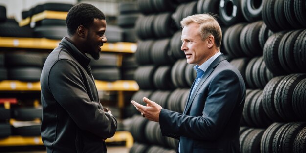 A businessman and an employee communicate in front of a factory for recycling old tires Generative AI