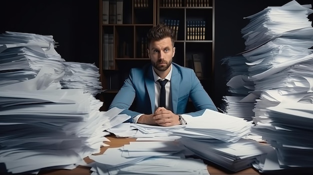 Businessman employee is unhappy with lot of work and documents Beautiful illustration