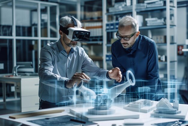 Photo businessman and engineer discussing a construction project with 3d models and virtual reality tools symbolizing innovation