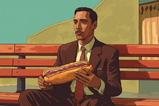 Photo a businessman enjoys a long hotdog while taking a break