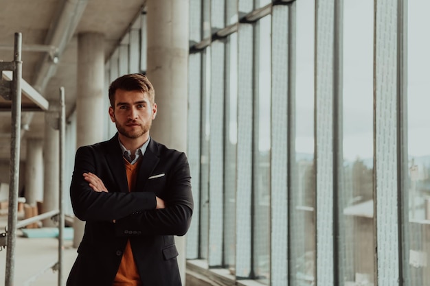 businessman entrepreneur in oversees the construction site of the startup office project