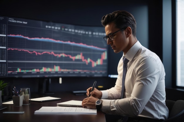 Photo businessman evaluating graphic chart data on presentation screen in office