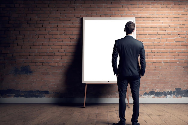 Businessman examining whiteboard in room with wooden floor and brick wall a mockup