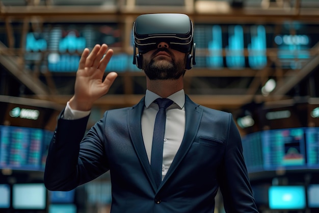 Businessman Experiencing Virtual Reality on Trading FloorxA