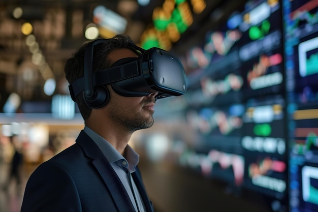 Businessman Experiencing Virtual Reality on Trading FloorxA