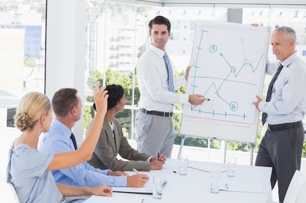 Businessman explaining the graph on the whiteboard 