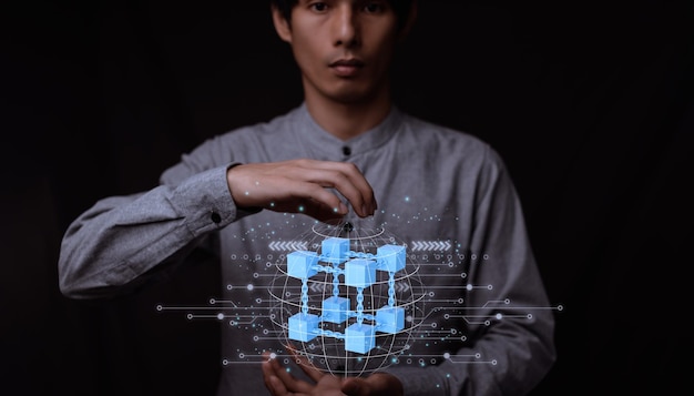 ビジネスマンは、ブロックチェーンネットワーク接続でメタバーステクノロジーを探索します