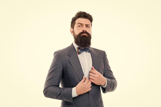 Businessman fashionable outfit isolated white Man bearded hipster wear classic suit outfit Formal outfit Take good care of suit Elegancy and male style Fashion concept Menswear fashion