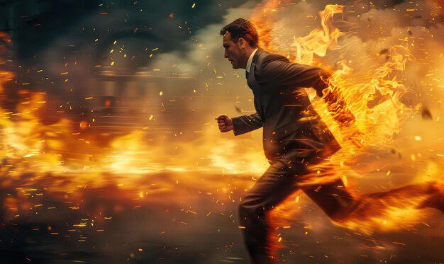 Businessman on fire running with a sense of urgency and rush