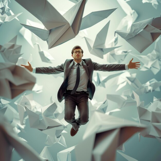 Photo businessman floating among paper origami birds in conceptual image