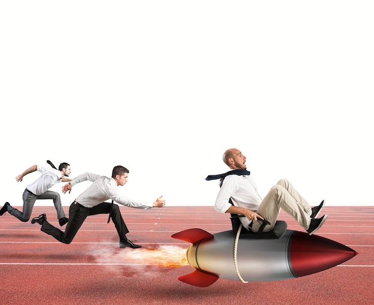 Photo businessman fly with rocket during a race with opponents