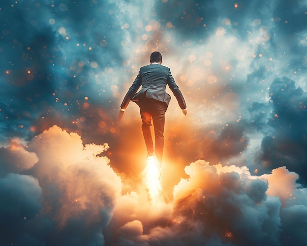 Photo businessman flying on a jetpack through clouds