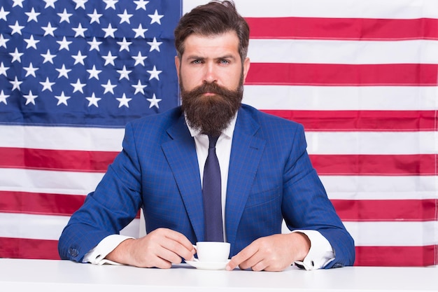 Photo businessman formal suit handsome man drinking coffee, caffeine addicted concept.