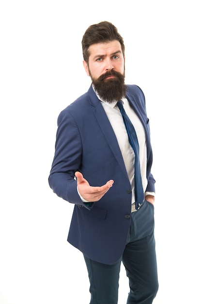 Businessman formal suit. Modern businessman ofiice worker. Office life concept. He knows who is boss here. Bearded man confident posture isolated white. Hipster with beard formal suit office worker.