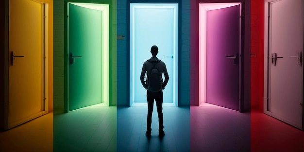 Businessman in front of multiple doors of diverse colors as symbol for different opportunities Generative ai