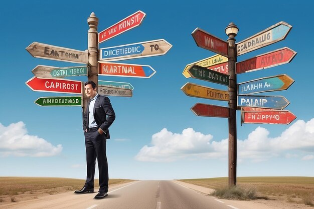 Businessman in front of a signpost with different directions Art collage