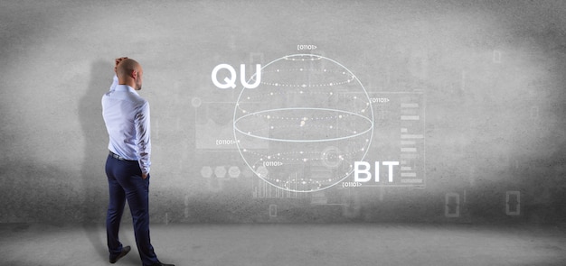 Businessman in front of a wall with Quantum computing concept with qubit icon 3d rendering