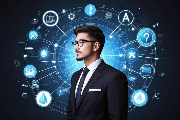 Businessman future web technology and icons on the background