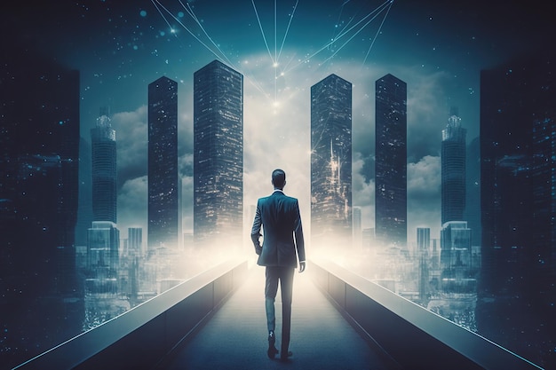 Businessman in a futuristic smart city AI