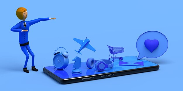 Бизнесмен демонстрирует успех рядом со смартфоном с приложением Copy space 3D illustration Мультфильм