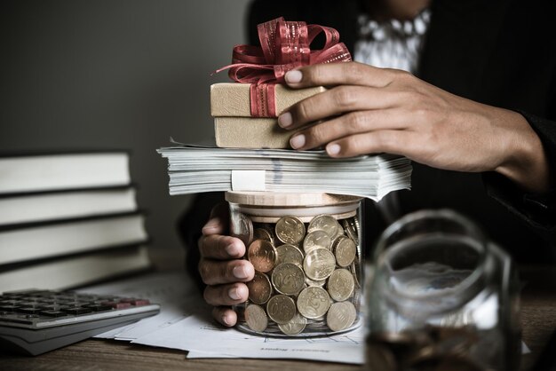 Photo businessman giving money donation charity concept