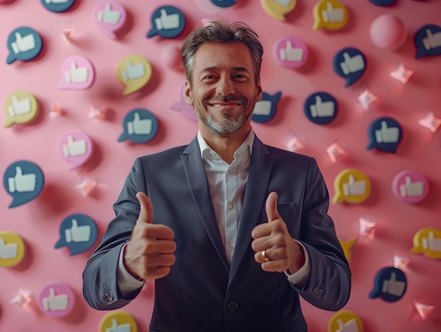 Photo businessman giving positive thumbs up gesture surrounded by floating like icons