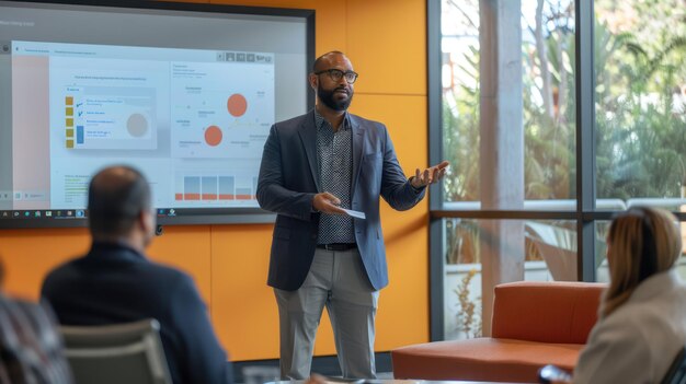 A businessman giving a presentation to colleagues in a modern office conference room