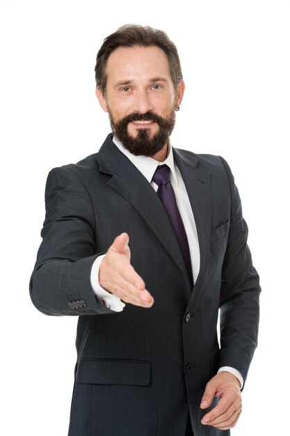 Businessman glad to meet you. Businessman bearded handsome entrepreneur. Successful businessman concept. Customer service tips improve business. Businessman formal suit mature man isolated white.