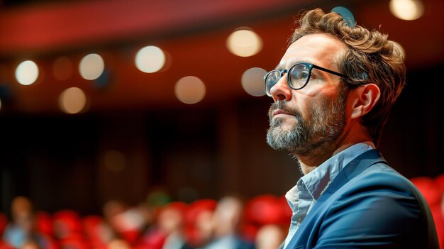 Photo businessman in glasses looking out at the audience in a lecture theater