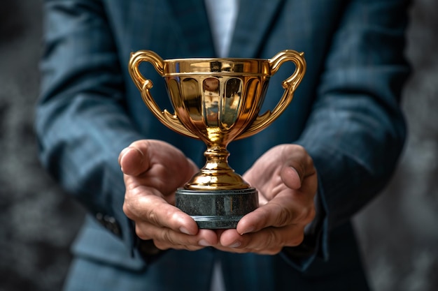 Businessman grasping a warranty trophy representing client contentment and triumph Reliance excellence and integrity for delighted clients and favorable feedback