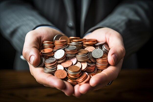 Photo businessman hand and coins investment and savings concept