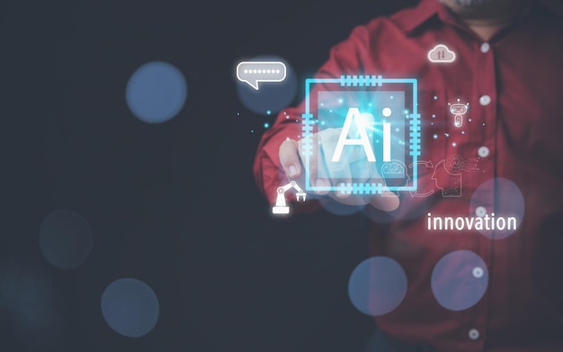 人工知能のネオン照明に触れるビジネスマンの手の指 テクノロジーのイノベーション 自動化コンセプト